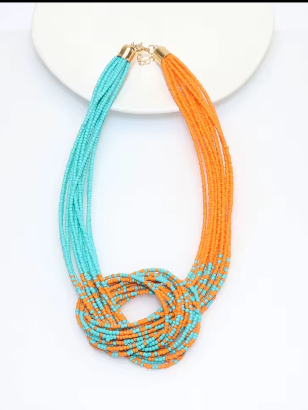 Turquoise Orange Beaded Knot Statement Necklace Boho Chic